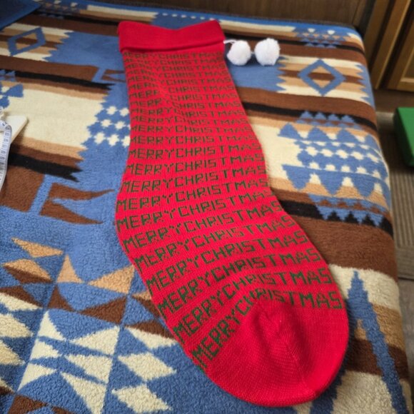 Vintage 1980s Knit Jumbo Christmas Stocking Red 35 in "Merry Christmas" w/ Poms - Picture 1 of 5